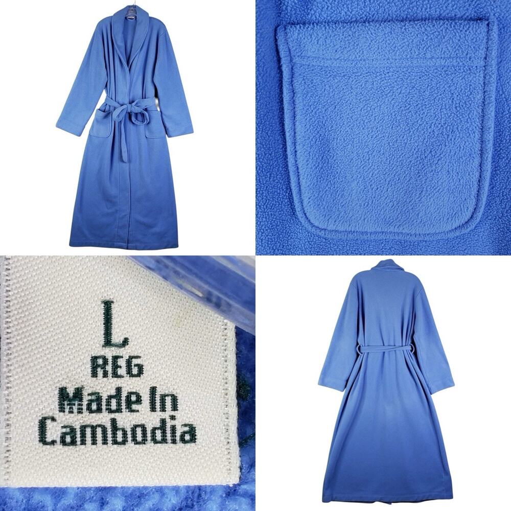 LL Bean Robe Blue Wrap Tie Belt Pockets Plush Fleece Blue Unisex Size Large